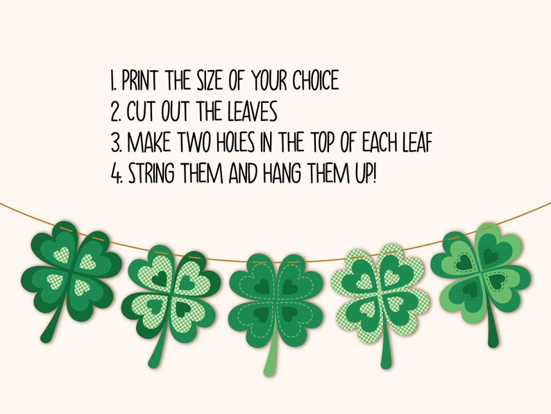 May include: Instructions for making a shamrock garland: print, cut out, make two holes, string and hang. The image shows a string of green shamrocks with white polka dots.