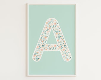Floral Letter Print | Nursery Letter Print | Green Nursery Name Sign | Floral Nursery Wall Art | Personalized Baby Gift | Monogram Nursery