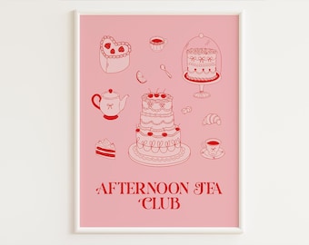 PRINTABLE Afternoon Tea Club Print | Retro Cake Picture | Vintage Tea Wall Art | Cake Illustration for Kitchen | Pink and Red | Tea Poster