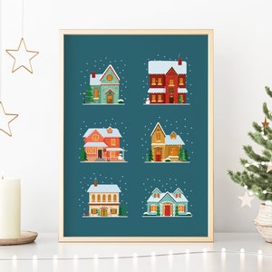 PRINTABLE Winter Print Christmas Houses Decorations Christmas Village Houses Blue Christmas Decorations Winter Printable Wall Art image 1