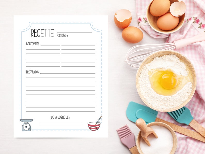 May include: A white recipe sheet with the word "RECETTE" at the top, along with spaces for ingredients and preparation instructions. A scale and a bowl are illustrated at the bottom. Baking ingredients and tools surround the sheet.
