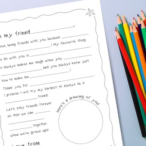 Carta imprimible para mi amigo / Completa los espacios en blanco / Hoja de actividades para niños / Práctica de escritura / Último minuto / Tarjeta para los amigos de los niños