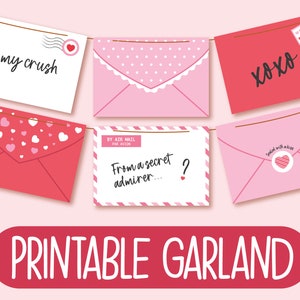 Banner imprimible del Día de San Valentín / Guirnalda de sobre imprimible / Decoraciones imprimibles para la fiesta del Día de San Valentín / Empavesado del Día de San Valentín / Rojo