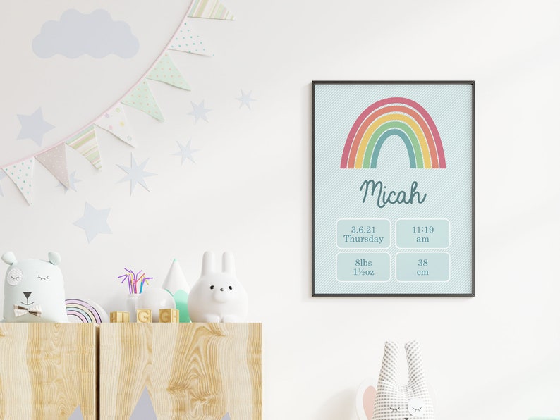 PRINTABLE New Baby Print Birth Stats Boho Rainbow Nursery Wall Decor Baptism Gift Personalizable Blue zdjęcie 3