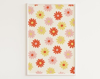 PRINTABLE Retro Flower Print | Vintage Flower Print | Groovy Prints | 70s Wall Art | 60s Daisy Print | Pink Floral Art | Flower Power Poster