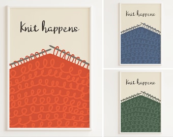 Knitting Print | "Knit Happens" | Funny Knitting Quote | Gift for Knitter | Knitting Poster | Knitting Postcard | Craftroom Decor | Wall Art