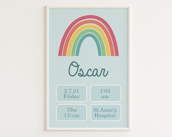 PRINTABLE | New Baby Print | Birth Stats | Boho Rainbow | Nursery Wall Decor | Baptism Gift | Personalizable | Blue