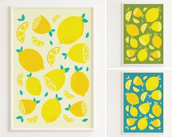 Lemons Print | Lemons Art | Summer Wall Decor | Yellow Kitchen Prints | Green Wall Art | Turquoise Wall Art | Lemon Art Print | Bright