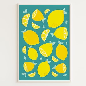 PRINTABLE Lemons Art Lemons Print Printable Summer Wall Decor Turquoise Kitchen Prints Bright Wall Prints Printable Blue Wall Art image 1