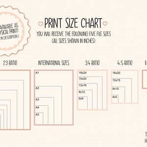 Print size chart explains that you will receive 5 different file sizes, including the aspect ratios 4:5, 3:4 & 2:3. You will also receive 11x14 and the international size ratio. Common sizes you can print include 4x6, 18x24, 12x16, 18x24, A5, A4 & A3