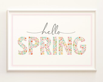 Hello Spring Print | Hello Spring Wall Art | Floral Spring Home Decor | Pink Spring Decorations | Spring Wall Decor | Hello Spring Art Print