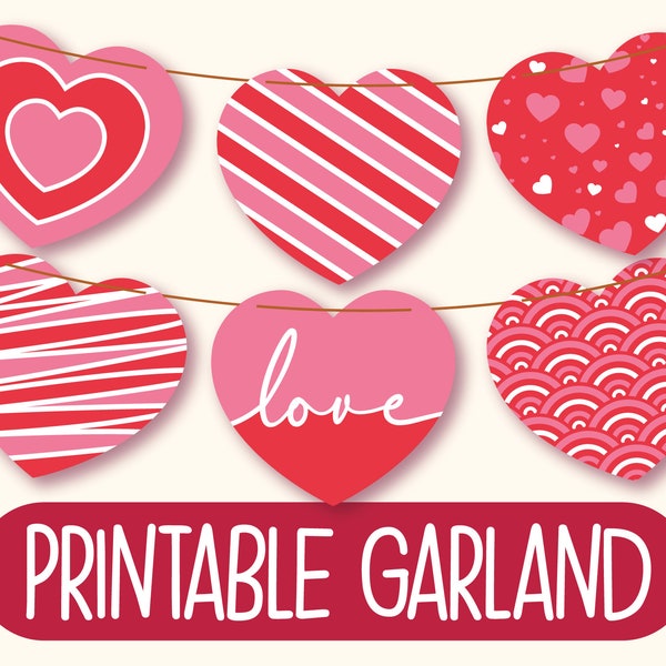 Printable Valentine's Day Banner | Printable Heart Garland | Printable Valentine's Day Decorations | Valentine's Day Bunting | Heart Wreath