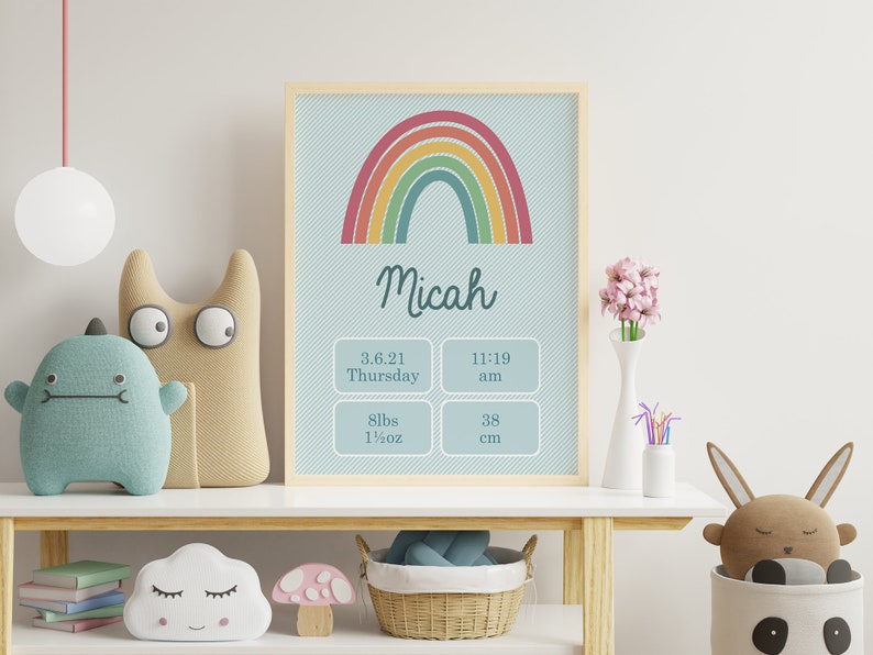 PRINTABLE New Baby Print Birth Stats Boho Rainbow Nursery Wall Decor Baptism Gift Personalizable Blue zdjęcie 6