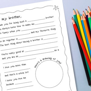 Carta imprimible a hermano / Complete los espacios en blanco / Hoja de actividades para niños / Regalo para hermano / Tarjeta imprimible