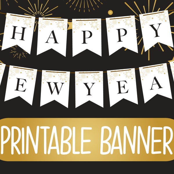 Printable Happy New Year Banner | Printable Happy New Year Bunting | Black and Gold New Year's Eve Party Decorations | Printable NYE Garland
