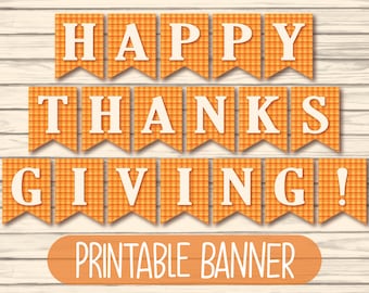 Printable Happy Thanksgiving Banner | Thanksgiving Decorations | Orange Plaid Thanksgiving Decor | Digital Download | Thanksgiving Garland