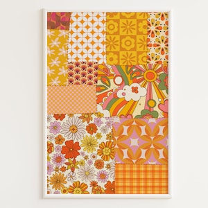 Boho Retro Patchwork Quilt Print / Decoración Retro / Retro Wall Art / Naranja / Vintage / Groovy Poster / Decoración de los años 70 / Años 60 / Carteles de mediados de siglo