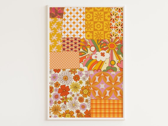 PRINTABLE Boho Retro Patchwork Quilt Print | Retro Decor | Printable Retro Art | Orange | Vintage | Groovy | 70s | 60s | Mid Century Poster
