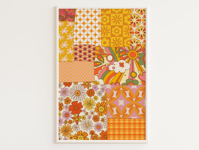 May include: A digital print featuring a patchwork design of various retro patterns in shades of orange, yellow, pink, and white. The patterns include flowers, geometric shapes, and abstract designs.