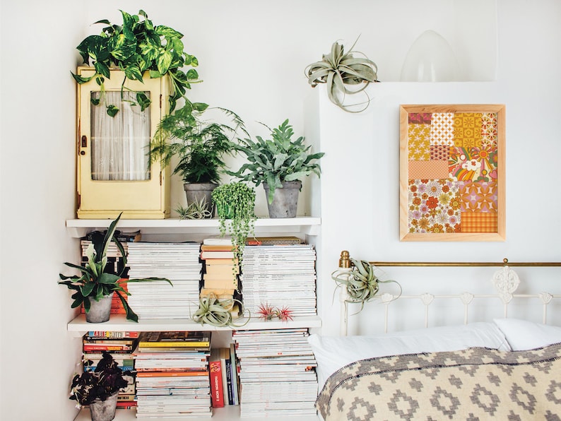 May include: A white bookshelf with a yellow cabinet on top, filled with books and magazines. There are several green plants on the shelves, including a fern, a snake plant, and a string of pearls. A white bed with a gray and white blanket is in the background. A framed print with a patchwork design in shades of orange, yellow, and brown hangs on the wall.