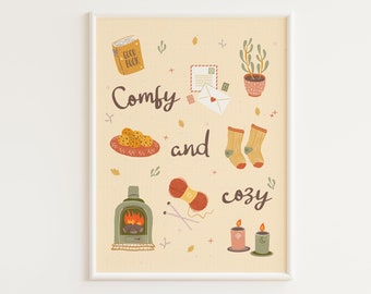 Comfy and Cozy Print | Hygge Wall Art | Scandi Illustration Print | Cozy Living Room Decor | Hygge Poster | Let's Stay Home Print | Knitting