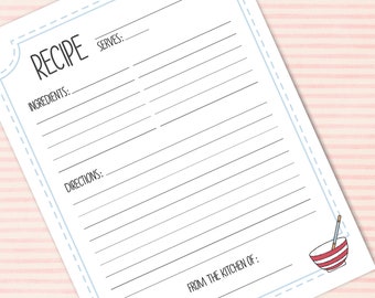 Printable Recipe Sheet | Letter Size | A4 | 8.5x11 | Baking | Cooking | Kitchen Organization | Blue