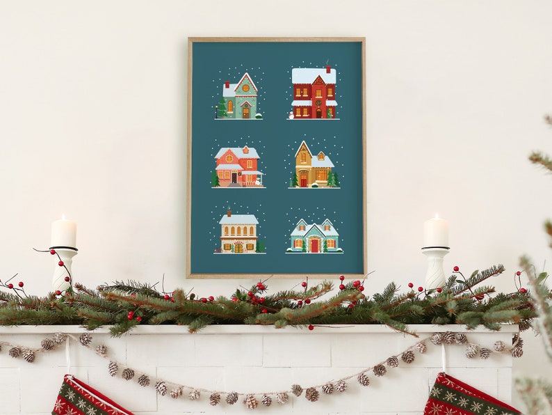 PRINTABLE Winter Print Christmas Houses Decorations Christmas Village Houses Blue Christmas Decorations Winter Printable Wall Art image 10