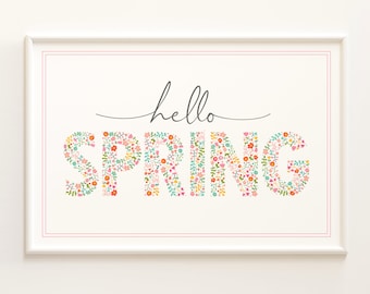 PRINTABLE Hello Spring Print | Printable Spring Wall Art | Floral Spring Home Decor | Pink Spring Decorations | Hello Spring Wall Decor