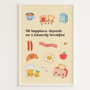Breakfast Print | Retro Food Poster | Retro Kitchen Wall Art | Brunch Quote | All Happiness Depends on a Leisurely Breakfast | Kawaii Food