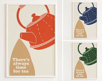 Lámina «Hora del té» / Arte mural sobre el té / Decoración de pared para la cocina / Lámina de tetera / Póster retro de té / Regalo para amantes del té / Pósteres de mediados de siglo / Arte del té