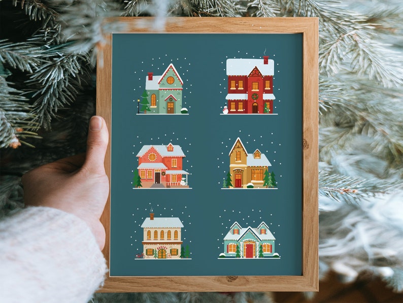 PRINTABLE Winter Print Christmas Houses Decorations Christmas Village Houses Blue Christmas Decorations Winter Printable Wall Art image 3