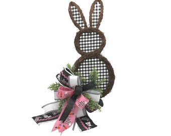 Buffalo Plaid Pink + black Easter Wreath, bunny door hanger, grapevine bunny wreath, Easter bunny wreath, Easter Door hanger, Easter gift