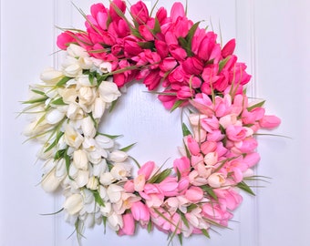 Valentine’s Day Gift, pink ombré Tulip wreath for the front door, Spring and Summer wreath, Easter Wreath