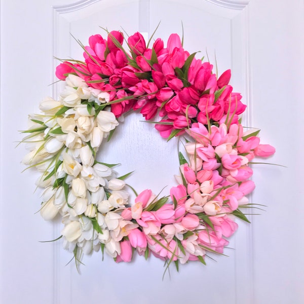 Valentine’s Day Gift, pink ombré Tulip wreath for the front door, Spring and Summer wreath, Easter Wreath