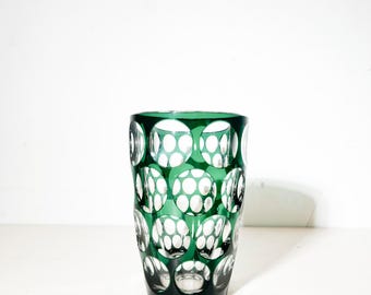 Jarrón de cristal tallado Val Saint Lambert – Revestimiento verde esmeralda