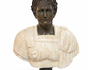 Gran busto de emperador romano – Escultura de bronce y mármol