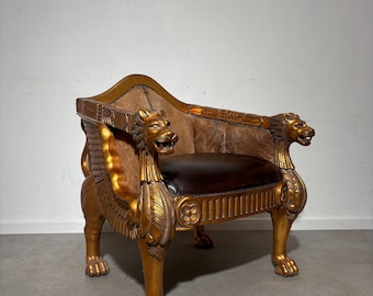 Königlicher Löwenthron Sessel - Rindsleder & Vergoldetes Detail