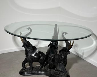 Vintage Bronze Elefanten-Trio-Esstisch mit runder abgeschrägter Glasplatte - Regency-Stil - 130 cm