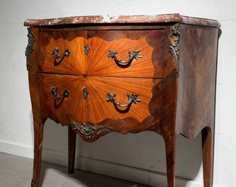 Antique French Louis XV Style Marquetry Commode with Marble Top – 85 x 45 x 85 cm