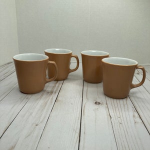 Set of Four Corning Vintage Almond Brown Tan Coffee Mugs Cups 10 oz Cups Corelle