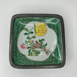 VTG ACF Japanese Porcelain Ware Hand painted Floral Pewter Incased Square Dish