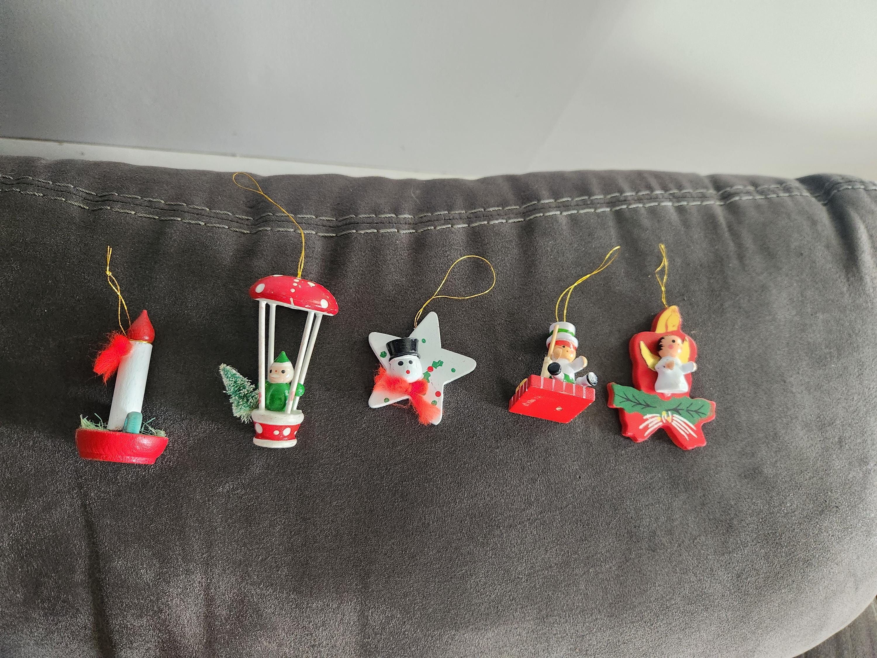 Five Various Vintage Wood Christmas Tree Ornament
