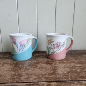 Set of Two Vintage 1980s Pastel Floral Ceramic Coffee Tea Mugs