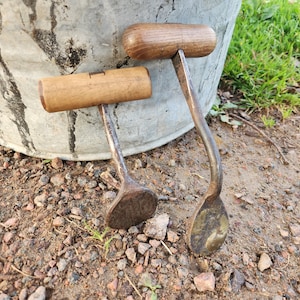 Two Antique Wooden Handle Cast Iron Bale Hook/Grabber- Primitive Farm Tools
