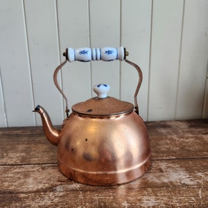 Beautiful Vintage Copper Tea Kettle with Handpainted Porcelain handle