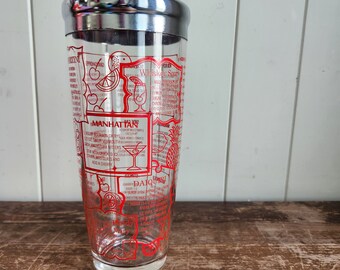 Vintage Irvinware Glass Cocktail Shaker with nice red graphics including recipes- Made in USA