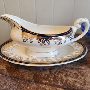 Royalty Cobalt Blue Gravy Boat & Plate by Myott Staffordshire
