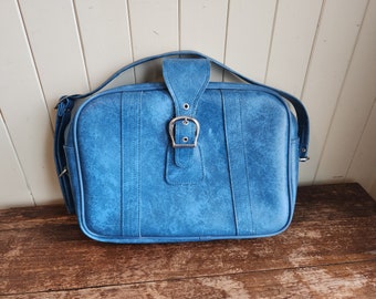 Vintage Blue Luggage Bag with Shoulder Belt