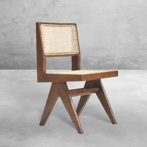 Pierre Jeanneret Inspired Student Chair - Armless Dining Chair made of Solid Teakwood with Braided Canework