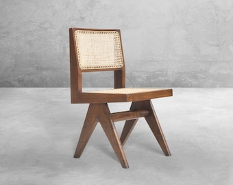 Pierre Jeanneret Inspired Student Chair - Armless Dining Chair made of Solid Teakwood with Braided Canework